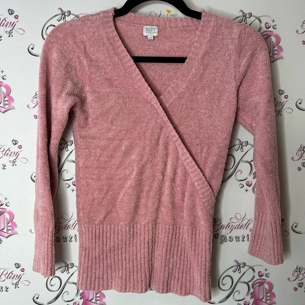 Suzy shier sweater fuzzy furry babyfur Pink V-Neck Ribbed Sweater y2k wrap